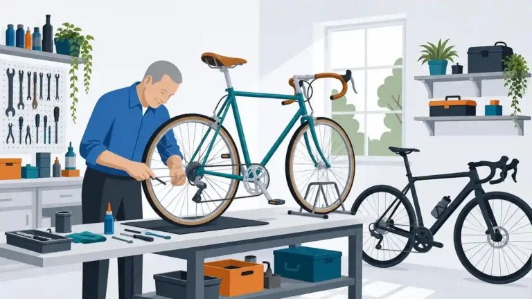 Illustration of a mechanic repairing a well-built bicycle while a new bicycle waits nearby, representing the decision to optimise an existing website before switching platforms.