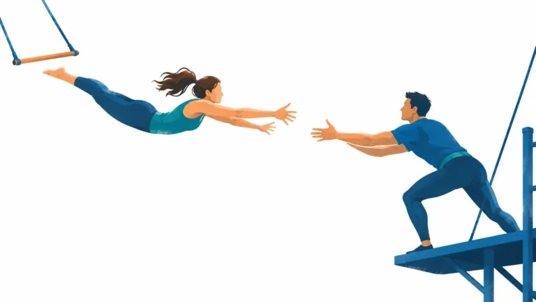 A trapeze artist reaching confidently toward a waiting catcher, illustrating how a trustworthy physical therapy website gives prospective patients the confidence to take the leap and book an appointment.