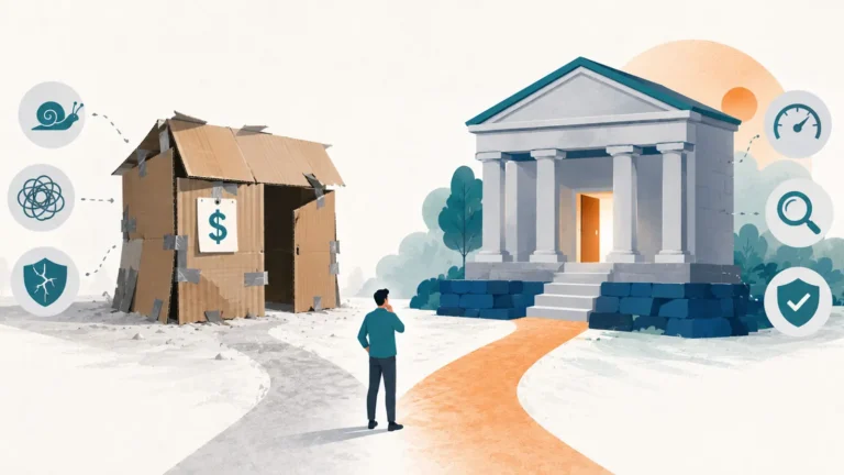 Illustration of a cardboard building and a solid stone building representing the difference between a DIY website and a professionally built website for a physical therapy clinic