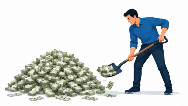 A person shovelling a large pile of money, representing the budgeting and financial investment involved in running Google Ads for a physical therapy clinic.