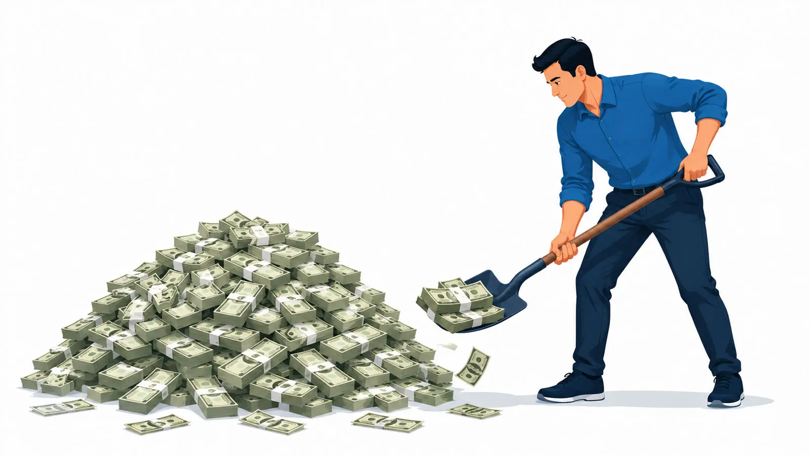 A person shovelling a large pile of money, representing the budgeting and financial investment involved in running Google Ads for a physical therapy clinic.