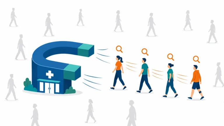 A physical therapy clinic attracting a small group of people who are actively searching for care while others continue past, illustrating how Google Ads reaches high-intent patients.