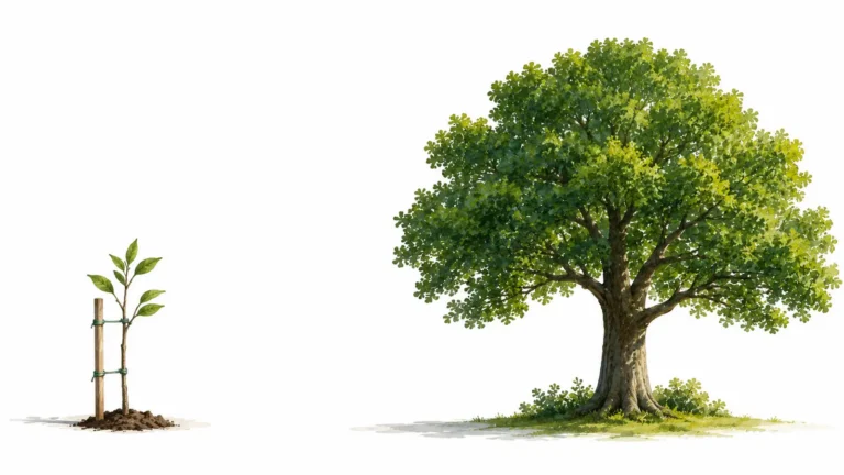 A young staked sapling stands beside a mature tree, illustrating how successful Google Ads campaigns take time to grow into consistent, long-term results.