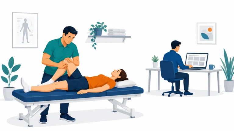 A physical therapist treats a patient while a marketing specialist works quietly at a laptop nearby, illustrating the value of letting specialists focus on their own expertise.