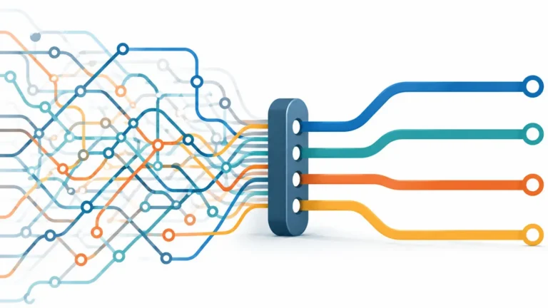 A complex network of interconnected lines passing through a central filter and emerging as four clear pathways, illustrating how Google Analytics 4 helps a physical therapy clinic filter out unnecessary data and focus on the key actions that generate new patients.