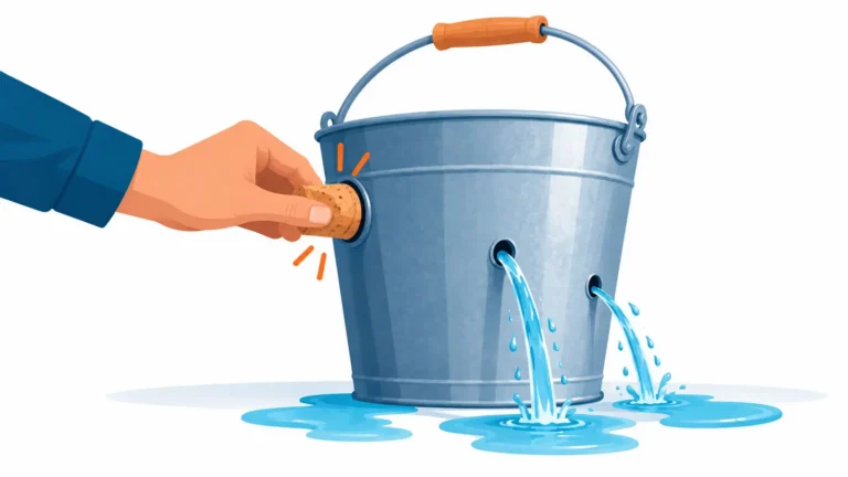 A hand plugs the largest leak in a bucket while two smaller holes continue to drip, illustrating how a physical therapy clinic should start using AI by fixing its biggest source of lost patients before tackling smaller improvements.