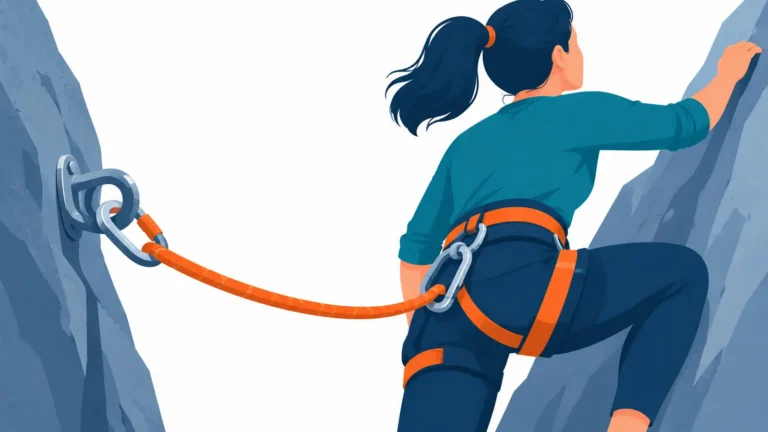 A climber secured by a safety rope and harness ascends a rock face, illustrating how AI can be used confidently in a physical therapy clinic when the right safeguards are in place.