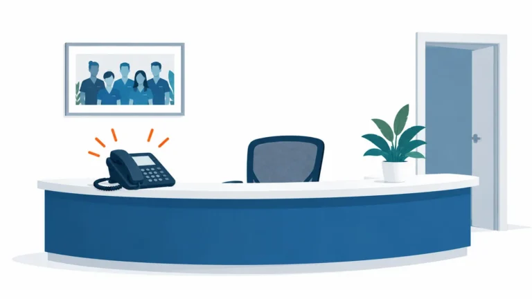 An empty clinic reception desk with a ringing phone and a team photo on the wall, illustrating how missed calls can quietly cost a physical therapy clinic new patients.