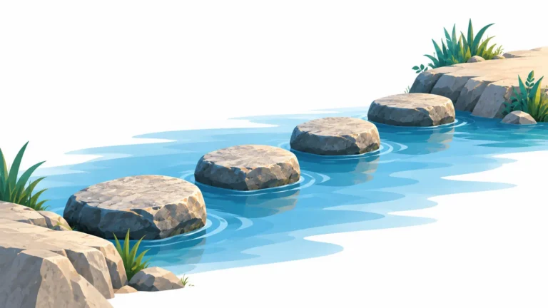 A series of stepping stones crossing a calm stream, illustrating how genuinely helpful content guides prospective physical therapy patients step by step from questions to booking an appointment.