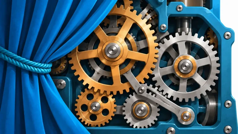 A theatre curtain pulled back to reveal a beautifully engineered clockwork mechanism, illustrating the importance of choosing a lead generation service that is transparent, well designed, and built on genuine craftsmanship rather than marketing hype.