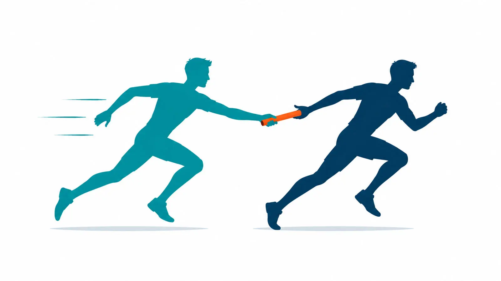 Two relay runners pass an orange baton mid-race, illustrating how AI live chat responds instantly before handing conversations seamlessly to a human team member.