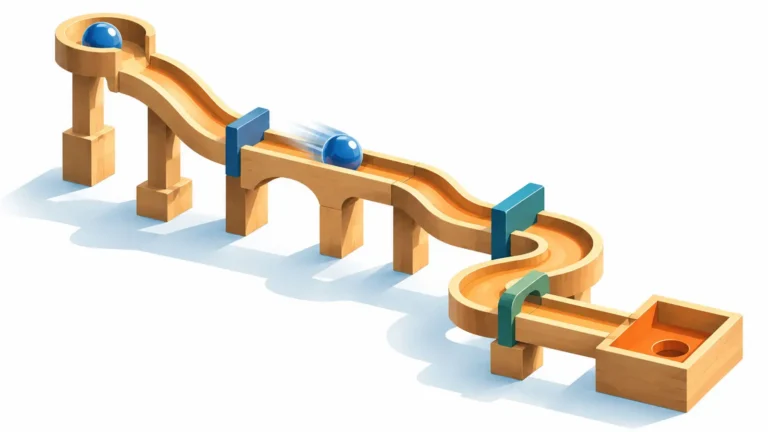 A wooden marble run guiding a single blue marble through a series of smooth stages to its destination, illustrating the patient journey from first discovering a physical therapy clinic to booking an appointment while removing friction along the way.