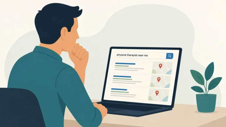 Editorial illustration of a person searching for a physical therapist on a laptop, representing how SEO helps local patients find a physical therapy clinic online.