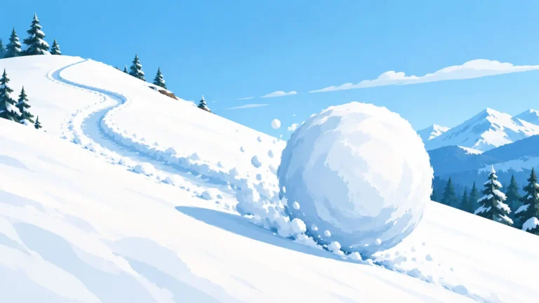 A large snowball rolling downhill, leaving a winding track behind it, symbolizing how a steady stream of positive online reviews builds momentum and drives long-term growth for a physical therapy clinic.