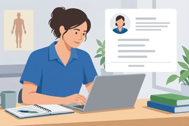 Illustration of a physical therapist writing at a laptop beside a verified author profile, representing the experience, expertise, authority and trust that help a clinic build online credibility.