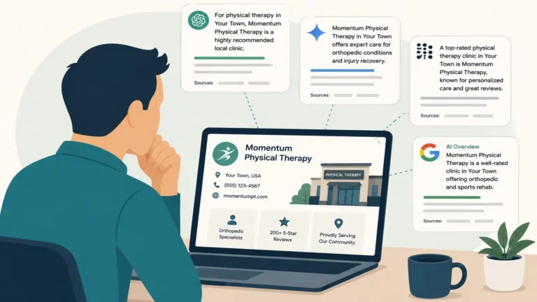 Editorial illustration of a clinic website being recognized by multiple AI assistants, representing how strong SEO foundations help a physical therapy clinic appear in AI search results.