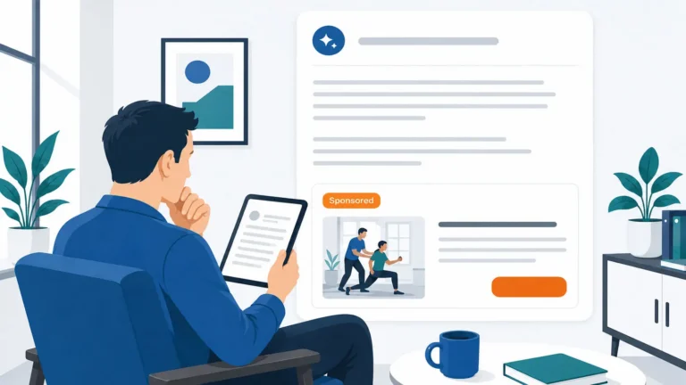 Illustration of a person reading an AI conversation on a tablet with a clearly labelled sponsored recommendation shown separately below the response, representing ChatGPT Ads for physical therapy clinics.
