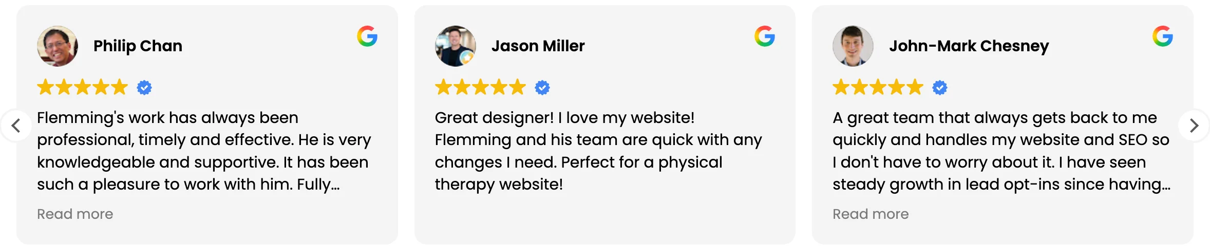 screenshot of 3 recent 5-star Google reviews