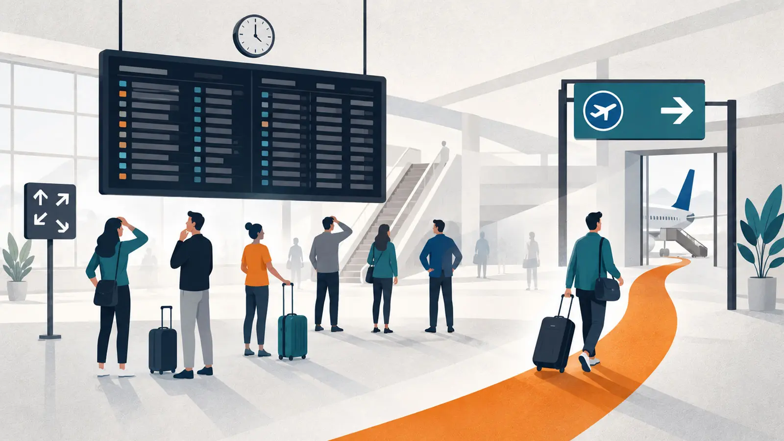 Illustration of travelers in an airport looking around uncertainly while one person follows a clearly marked path to the plane