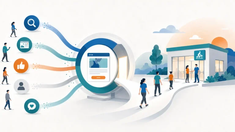 Illustration of website visitors from search, social and reviews being drawn through a website into a physical therapy clinic, where staff greet arriving patients