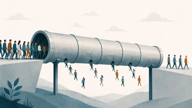 Illustration of a large pipeline leaking people through small cracks, representing the ways a website quietly loses potential patients before they make contact