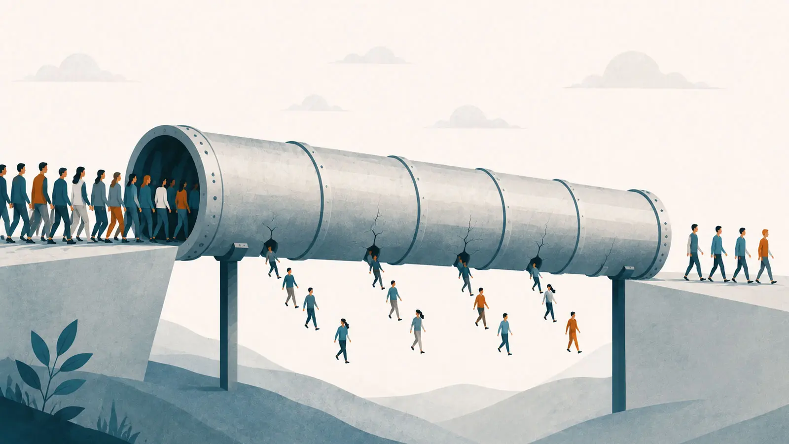 Illustration of a large pipeline leaking people through small cracks, representing the ways a website quietly loses potential patients before they make contact