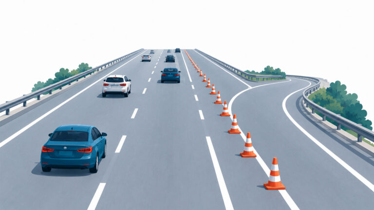 A multi-lane highway continues normally while one lane is closed with traffic cones and diverted onto an exit ramp, illustrating how AI Overviews have redirected some search traffic while leaving local Google Ads searches largely unchanged.