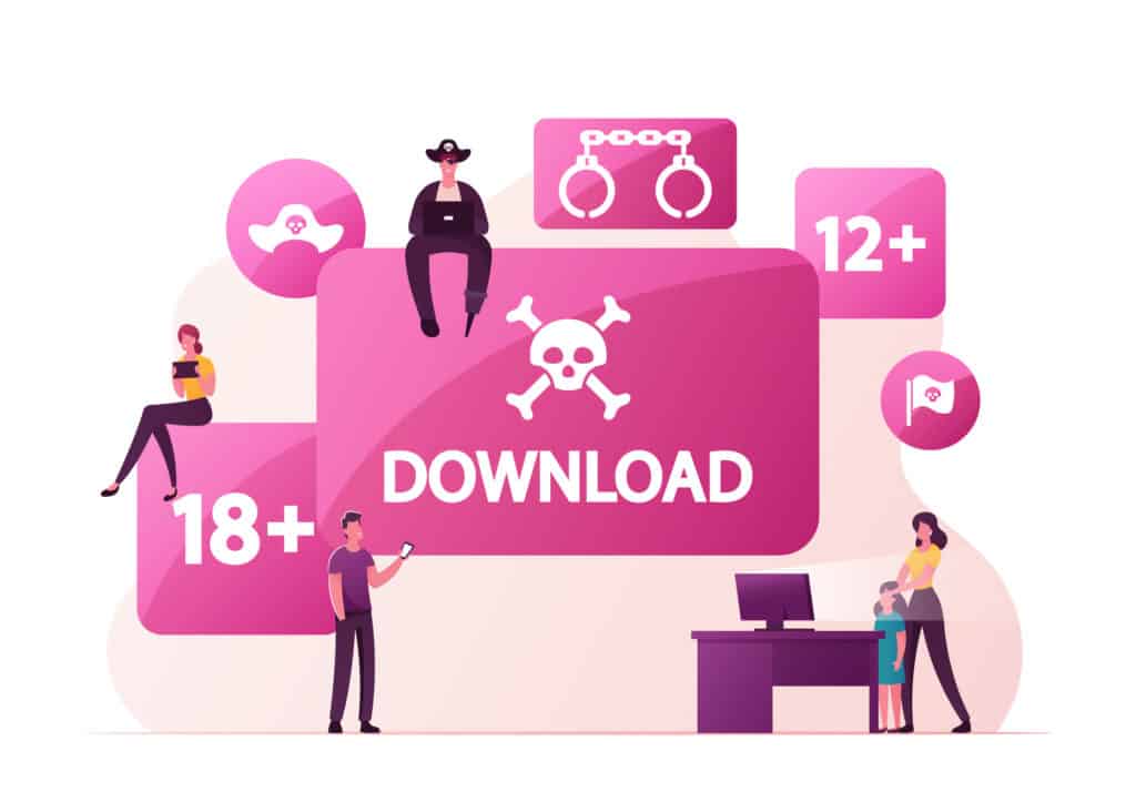 Illegal Content Free Download Concept. Pirate Character Sitting on Sign with Jolly Roger Transfer and Sharing Files Using Torrent Servers Services, Online Media. Cartoon People Vector Illustration